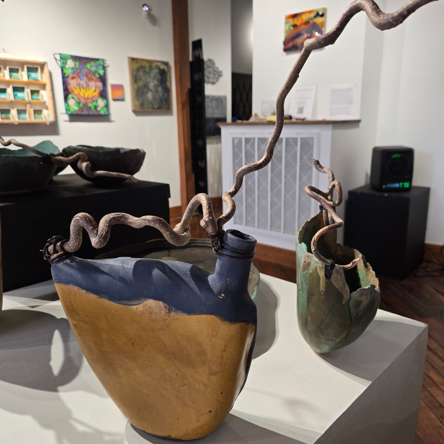 "Blue and Mustard Pot" by Nancy Fischman